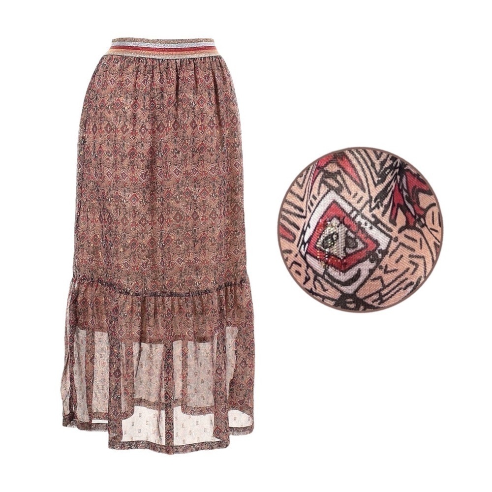 MKT Studio Boho Geometric Sheer Tiered Midi Skirt Metallic Waist Size 36 / US 4